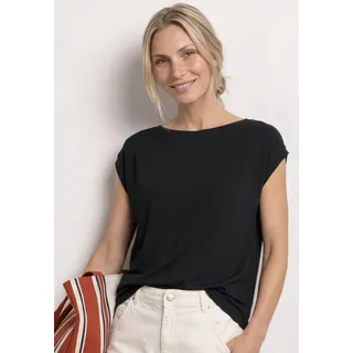 Shirttop STREET ONE, Damen, Gr. 46, schwarz, Jersey, Obermaterial: 50% Baumwolle, 50% Modal, unifarben, normal hüftbedeckend, U-Boot-Ausschnitt, Tops Shirttop, Sommershirt mit Raffung