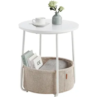VASAGLE Beistelltisch rund, Kleiner Tisch, Couchtisch klein, Wohnzimmertisch, Korb aus Stoff, Stauraum für Wohnzimmer Schlafzimmer, Nachttisch modern, mattweiß-Kamelbraun LET223W10