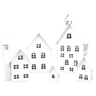 UNUS Deko Häuser 5er Set, Lichthäuser aus Metall, in Weiß, Herbstdeko Outdoor, Weihnachtsdorf für Garten, Terrasse oder Balkon