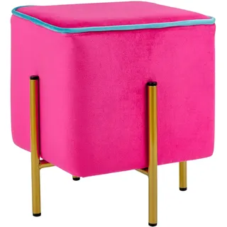 Baroni Home Quadratischer Samt-Fußhocker, gepolsterter Pouf für das Wohnzimmer, Ottomane für das Schlafzimmer, Fuchsia mit türkisem Rand, 33x33x38 cm