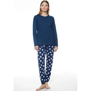 Schlafanzug MEY "Scribbled Dots", Damen, Gr. 42, blau (deep marine), Single Jersey, Obermaterial: 100% Baumwolle, bequem 7/8-Länge, Rundhals, Homewear-Sets Schlafanzug, Baumwolle, modern, bequem, gerade Form, Rundhals, Langarm