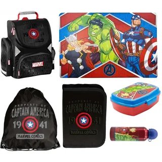 7tlg AVENGERS Schulranzen set Rucksack Federtasche Sportbeutel Trinkflasche Brotdose Schreibtischunterlage Spardose MARVEL set fur jungen