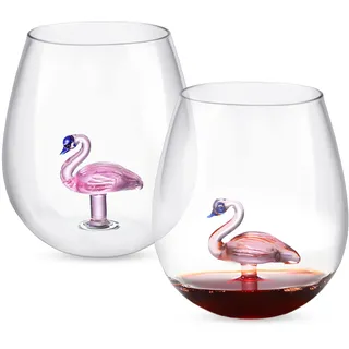 2 Stück Weingläser Flamingo ohne Stiel, 500ml Cocktail Glas Gingläser, Kristall Weinglas ohne Stiel mit 3D Flamingo im Inneren, Trinkglas Klar für Frauen Männer Hochzeit Bar Valentinstag Jahrestag