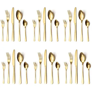 LAZAHOME Besteck Set, Edelstahl Spiegelpoliert 30 teilig Besteckset für 6 Personen, Essbesteck Set mit Messer Gabel Löffel für Familie/Party/Hotel/Restaurant, Gold Tafelbesteck, Spülmaschinenfest