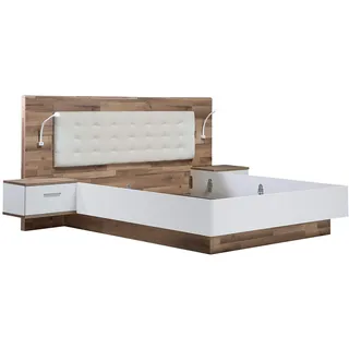 Forte Modern Way Bett, Liegefläche 180 x 200 cm, Holzwerkstoff, Stabeiche Dekor Kombiniert mit Weiß Matt, 296,5 x 119,7 x 210 cm
