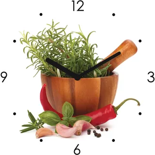 Wanduhr Glas 20x20cm Kräuter Schale Chili Uhr Glasbild Küche Küchenbild Deko