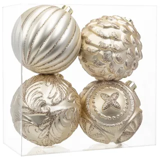 Arborus 4 STK Christbaumkugeln Weihnachtsbaumschmuck 12 cm Weihnachtskugeln Champagner Kunststoff Kugeln Glitzer Christbaumschmuck Weihnachtsbaumkugeln Tannenbaumkugeln Weihnachten Deko Adventsdeko