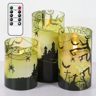 Eldnacele Halloween grün Glas flammenlose Kerzen mit Fernbedienung Timer, batteriebetriebene Halloween LED Kerzen flackernd für Heimdekoration Geschenk 3er Set(Spinnennetz Geist Burg)