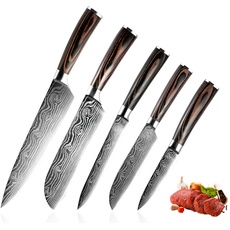 Bild 5-Teiliges Kochmesser Set, Santoku Messer Fleischmesser Profi Damastmesser Gemüsemesser Schälmesser Scharfe Deutschem Edelstahl Küchenmesser mit Ergonomischem Pakkawood Griffen