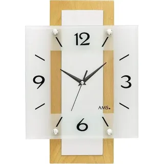AMS 5507 Wanduhr Funk Funkwanduhr analog Holz Buche massiv eckig mit Glas - Braun