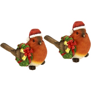 Vogel aus Polyresin mit Weihnachtskranz und Weihnachtsmütze Dekovogel Tierfigur Deko Objekt Dekofigur Ornament Skulptur Statue Wohnaccessoires Weihnachtsdeko Schmuck Tischdeko Geschenk 2er Set