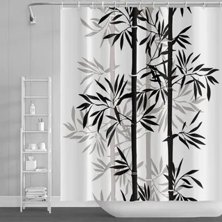 SDOTPMT 122x183cm Bambus Blatt Duschvorhang Schwarz Weiß Abstrakte Bambus Pflanze Badewanne Vorhang Traditionelle Malerei Bad Vorhang für Kinder Badezimmer Dekor mit Haken
