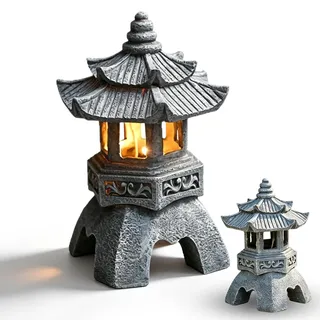 Japanische Steinlaterne Gartendeko, Pagode Solar Laterne Statue, H 24 cm Steinlampe Japanische Gartenlaterne aus Harz mit Solar LED Beleuchtung für Innen & Außen, Garten Deko für Terrasse Patio Balkon