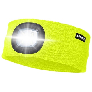 ATNKE LED Beleuchtetes Stirnband, Wiederaufladbare USB Lauf Stirnbänder mit Licht Extrem Heller 4 LED Lampe Winter Warme Stirnlampe für Herren und Damen Geschenke/Fluoreszierendes gelb