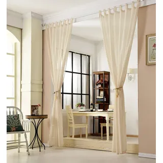 WOLTU 2er Set Gardinen für Wohnzimmer Kinderzimmer Schlafzimmer, transparent, mit Schlaufen, Leinen Optik, Doppelpack lichtdurchlässige, 140 x 225 cm, Sand
