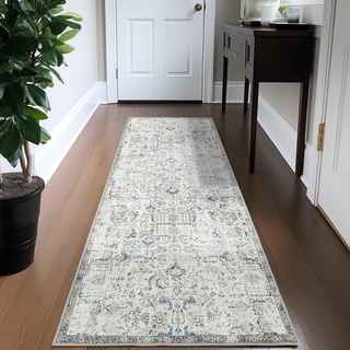 TOPICK Läufer 60x210cm Blau Teppiche Vintage Teppichläufer Flur Retro Faltbar Dünner Waschbar Teppich Multi Floral Boho rutschfeste für Innenbereich Badezimmer Küche Schlafzimmer Wohnzimmer