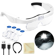Wiederaufladbare Lupenbrille mit Licht und austauschbaren Linsen für Naharbeiten, Juwelierlupen, Kunsthandwerk, Hobby - 1,5X 2,5X 3,5X 5X (Weiß)
