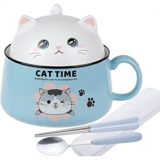 Lachineuse Ramen Schüssel Kawaii Katze mit Deckel Blau 1020 ml