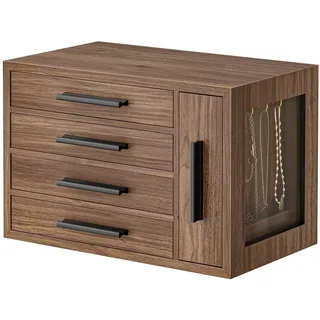 HOOBRO Schmuckkästchen, Schmuckbox aus Holzwerkstoff, 4-stufige Schmuckaufbewahrung, Schmuckkoffer für Ohrringe, Halsketten, Ringe, Dunkler Walnuss und Schwarz EBH09JB04