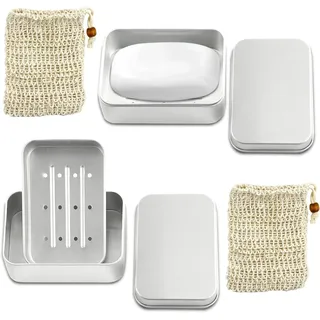 Seifenschale – Seifenschalenbox mit Deckel – Trockenhalter und Sisal-Seiftuch – Edelstahl – Reise-Seifenschale – Metallische Seifenschale, geeignet für alle festen Seifen