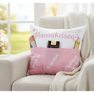 KAMACA Mamakissen Dekokissen mit Füllung Geschenk für Mama Frauen Freundinnen 43x43 cm Kuschelkissen mit 3 Taschen und Spruch für Sofa Couch Muttertag Mädelsabend und mehr (Mamakissen)