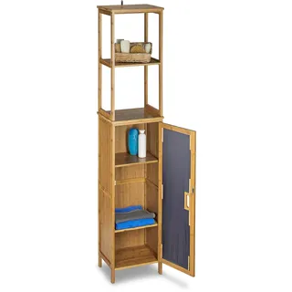Relaxdays Badregal Bambus mit 5 Ablagen, Standregal mit Schranktür HxBxT: 170 x 33,5 x 28 cm, Badschrank stehend, natur
