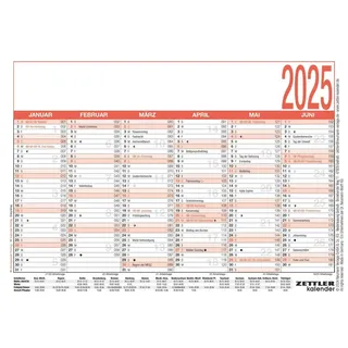 Zettler - Arbeitstagekalender 2025 weiß/rot, 14,8x10,5cm, Plakatkalender mit Monatsübersicht, 6 Monate auf 1 Seite, Ferientermine, Arbeitstage-, Tages- und Wochenzählung und deutsches Kalendarium