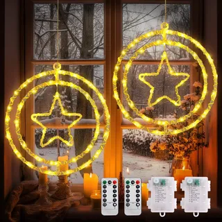Weihnachts-Fensterlichter, 2 Stück, 80 LED-Stern-Weihnachtslichter, hängend, batteriebetrieben, 8 Modi, Weihnachtsdekoration, LED mit Timer, wasserdichte Weihnachtslichter für Innen- und Außenbereich