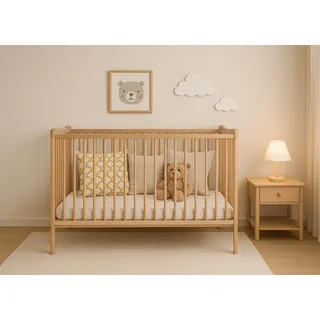 Babybett 120x60 cm aus Holz (Buche) – 3-fach höhenverstellbar, herausnehmbare Sprossen, Natürlich - Naturbelassen