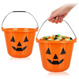 com-four® 2X Halloween Kürbis Candy Bag Eimer XL - Kunststoff-Eimer im Kürbis-Design zum Sammeln von Süßigkeiten - Sammel-Tasche mit Henkel für Halloween