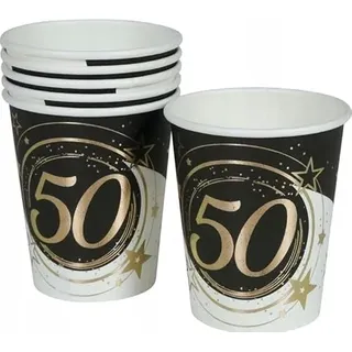 FIESTAS GUIRCA | 6 Pappbecher 50 Jahre (240 ml) (9 cm) - Tischdekoration für Partys - Ideal für 50 Jahre Feiern und Events - Schwarz, Gold, Weiß