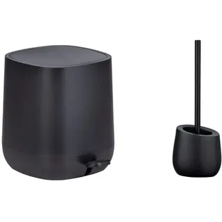 WENKO Treteimer Davos, 5 Liter, puristischer Kosmetikeimer mit Easy-Close Absenkautomatik, 23,5 x 26 x 27,5 cm, Schwarz matt & WC-Garnitur Badi Schwarz, hochwertige Keramik mit Matter Oberfläche