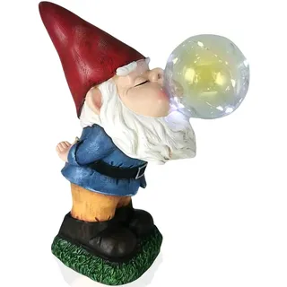 TIN DREAMS FACTORY | Zuträgergnom mit Solarlicht – Dekorative Gartenfigur aus Harz – Gartenzwerg mit leuchtender Blase und LED – Lustiger Schmuck für Garten, Terrasse und Balkon