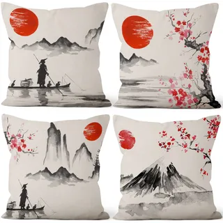 Aoihrraan 46x46cm 4er Set Dekorativ Japanisch Kissenbezug Rot Sonne Schwarz Und Weiß Landschaft Berg Fuji Quadratische Sofakissen Dekokissen Aus Leinen Japan Taverne Zuhause Schlafzimmer Sofa Tatami