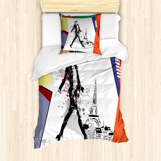 ABAKUHAUS Eiffel Bettbezug Set für Einzelbetten, Turm Walking Girl Art, Milbensicher Allergiker geeignet mit Kissenbezug, Orange - Orange