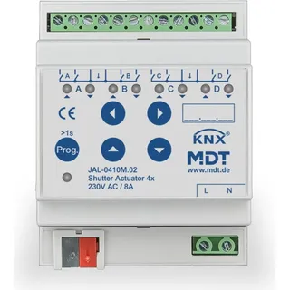 MDT Jalousieaktor JAL 4-fach, 4TE REG, 10A, 230V/300W, mit Fahrzeitmessung, Schaltaktor (JAL-0410M.02)