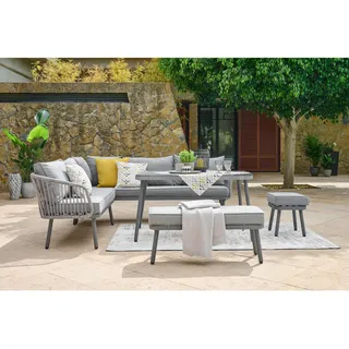 Ambia Garden Dining-Loungeset , Grau , Metall, Kunststoff, Glas, Textil , 5-teilig , Füllung: Schaumstoff, Polyester , 224x220 cm , Gartenmöbel, Gartengarnituren, Gartenmöbel-Sets