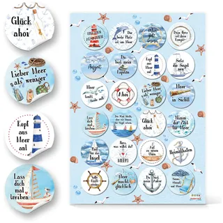 Maritime Aufkleber, 96er Set: Sticker mit Boot, Rettungsring & Leuchtturm, Spruchaufkleber, Deko Sommer, Meer & Strand, Maritim, Dekoration für Karten, Geschenke & Party, Dekosticker Klein, Ø 4 cm