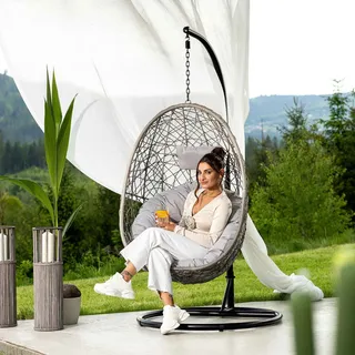 di volio Polyrattan Hängesessel mit Gestell BACOLI Hängekorb Hängeschaukel Grau - Grau