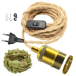 ZRLXFM Hanfseil Pendelleuchte mit Schalter, Vintage Hangelampe mit Stecker, Kupferfarben E27 Lampenfassung mit 5M Kabel Mit einer 5M langen grünen Blattdekoration