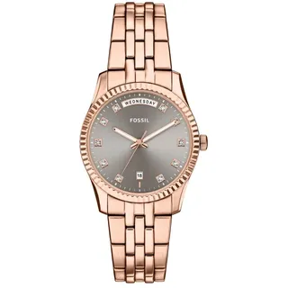 Fossil Scarlette Uhr für Damen, 34-mm Quarz-Dreizeiger-Datum-Uhrwerk mit Edelstahlarmband