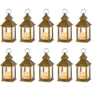 NUPTIO Laterne Kleine Weihnachten Deko - 10er led Teelichter Gold Mini Laternen für Draußen Flackernde Teelicht Kerzen Orientalische Halloween Garten Ramadan Hochzeit Tischdeko