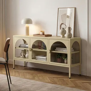Vitrinen-Sideboard 'Klippestad' mit 3 Türen Stahl 118 x 35 x 55 cm Kamelfarben - Beige