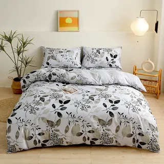 Damier Bettwäsche 200x200 Blätter Motiv Weiß Schwarz Bettwäsche Kuschelig Weich Modern Aesthetic Mikrofaser Bettbezug Set 3 Teilig mit Reißverschluss und 2 Kissenbezüge 80x80 cm