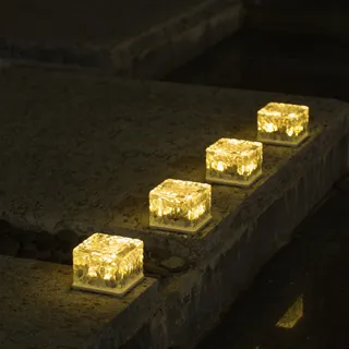 ANTEROOF Aktualisierte 4er-Set Glas Pflastersteine Außenleuchte Solarleuchten Solar Bodenleuchten Wegbeleuchtung mit 4 LED Außen Dekoration Lichter für Garten, Balkon und Terrasse,7x7x5cm,Warmweiß