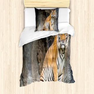 ABAKUHAUS Zoo Mantele, Bengal-Tiger-Katze Predator, Milbensicher Allergiker geeignet mit Kissenbezügen, 135 cm x 200 cm - 80 x 80 cm, Pale Brown Schwarz Weiß - Schwarz