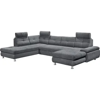Wohnlandschaft mit Schlaffunktion und frei steckbaren Kopfstützen in Webstoff anthrazit, U-Form mit Bettkasten rechts, Serie AUGUSTA-09 - Grau