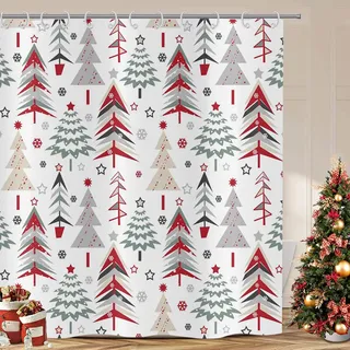 ASDCXZ Weihnachten Duschvorhang 180x200 cm, Rot Grün Grau Weihnachtsbaum Schneeflocken Winter Deko Bad Waschbar Duschvorhänge Polyester Textil Wasserdicht Duschvorhang für Badewanne mit 12 Haken