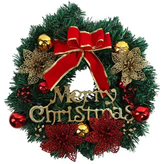 Weihnachtskranz, 30cm Kreativ Weihnachten Türkranz, Weihnachtsgirlande Kränze, Weihnachtsdekoration Girlande mit Geschenkkugeln Weihnachtsstern Blume, für Christmas Deko, Advent, Tür, Fensterdeko