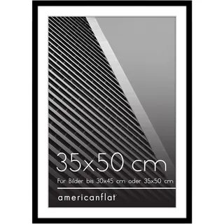 Americanflat 35x50 cm Bilderrahmen aus Kunststoff mit 30x45 cm Passepartout - schmaler 50x35 Fotorahmen mit poliertem Plexi-Scheibe - integrierte Aufhängung für Hoch- und Querformat - Schwarz